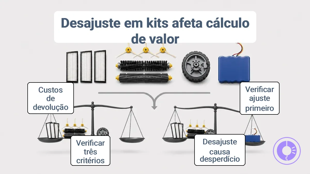 Diagrama mostrando como o risco de compatibilidade de um kit de peças Roomba pode transformar economia em desperdício quando a versão da peça não se ajusta ao modelo.