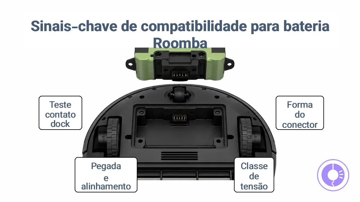 Alinhamento do conector e compartimento para verificar encaixe da bateria do Roomba
