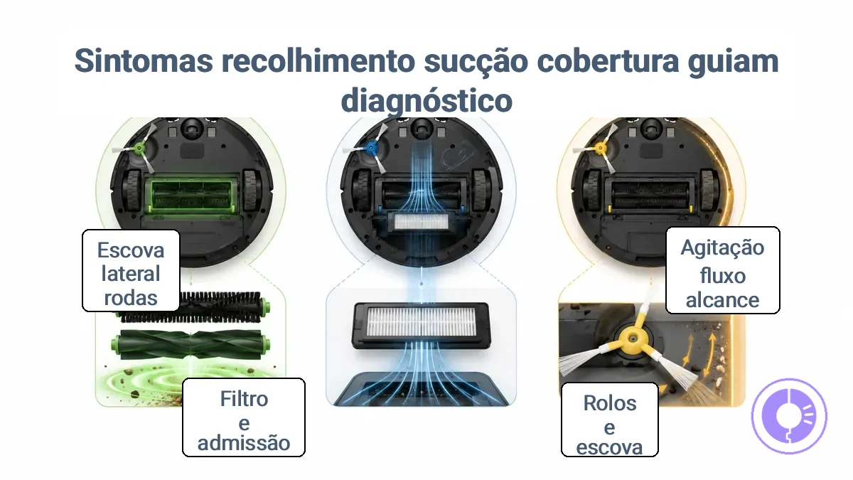 Diagrama comparando sintomas de coleta, sucção e cobertura. Em coleta: rolos e agitação; em sucção: filtro e fluxo de ar; em cobertura: escova lateral e alcance.