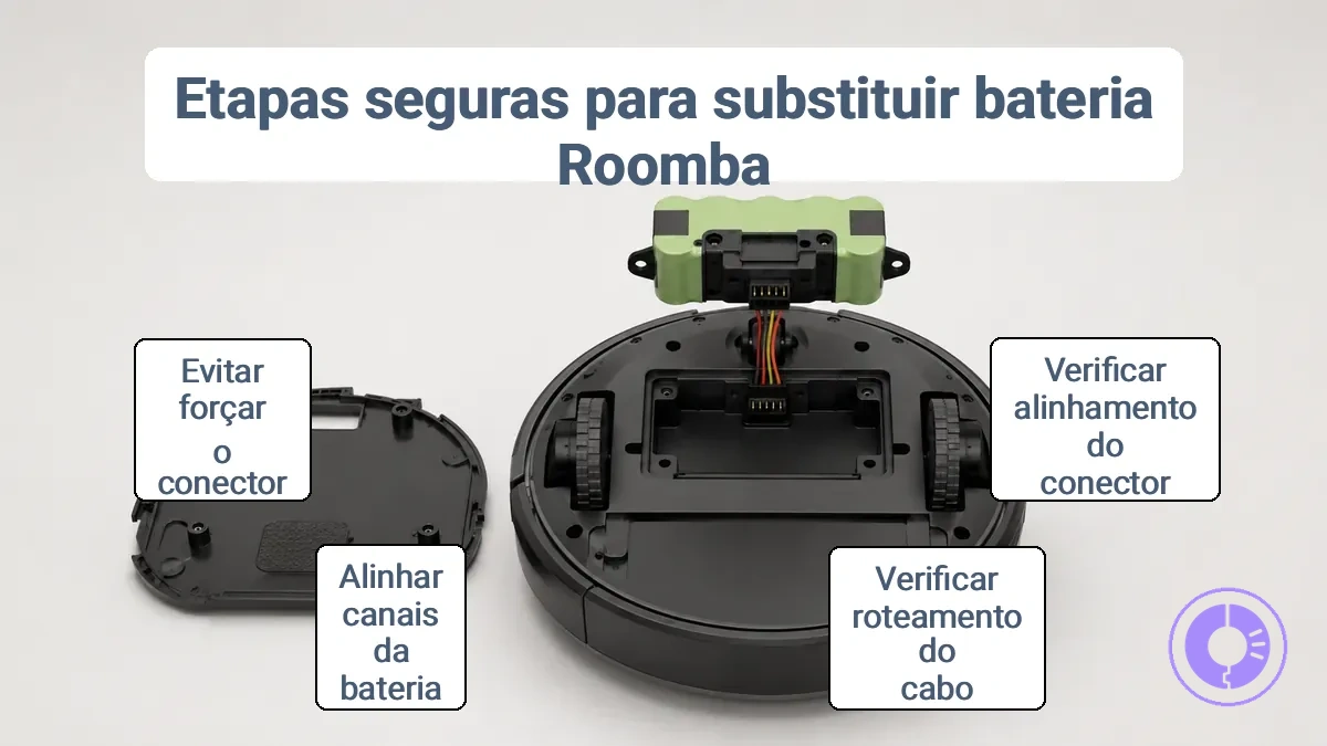 Conjunto de bateria do Roomba com conector e alinhamento do compartimento visíveis para remoção e instalação seguras