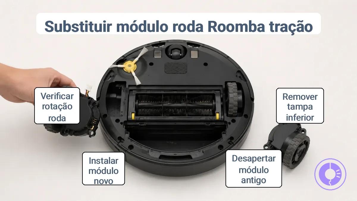 Parte inferior do Roomba mostrando o alojamento do módulo da roda e pontos de acesso