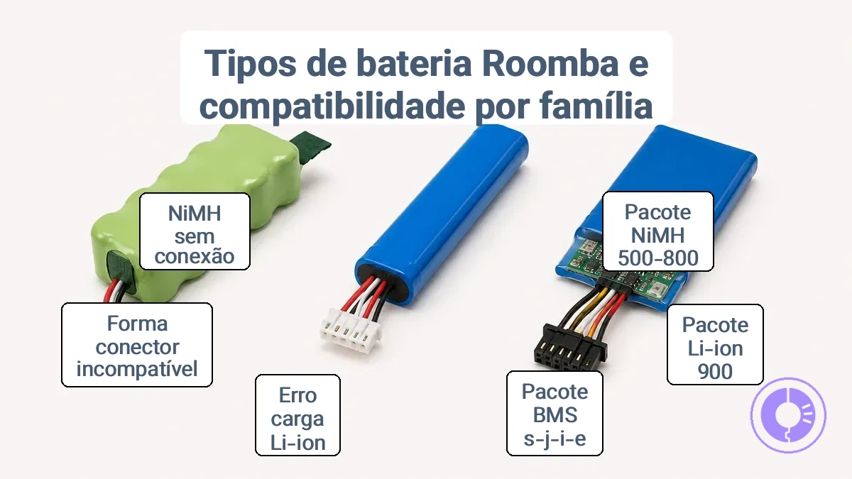 Conector do conjunto de bateria do Roomba e compartimento mostrando sinais de encaixe