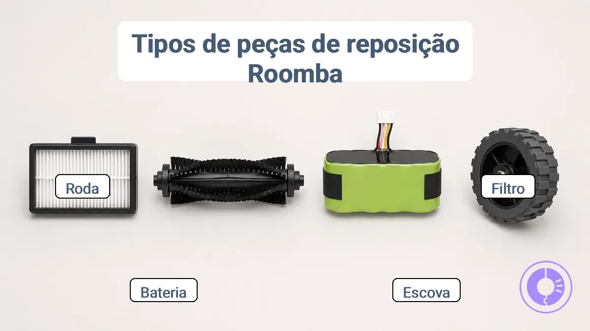 Categorias de peças de reposição Roomba: filtro, escova, bateria e roda