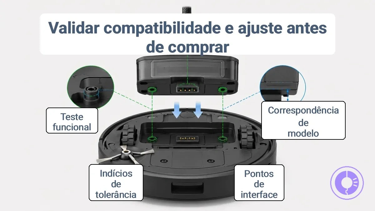 Interface anotada de peça do Roomba mostrando alinhamento do conector, pontos de montagem e indícios de folga para validação de encaixe.