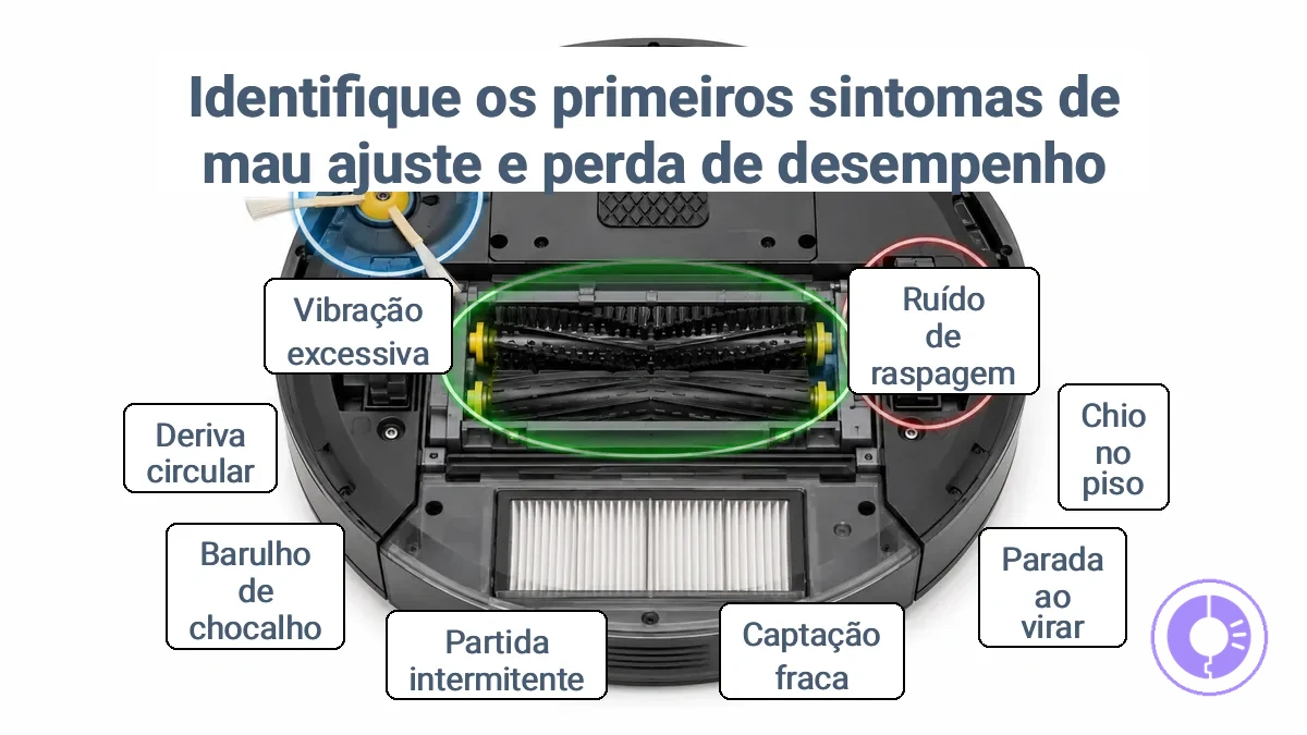 Roomba anotado mostrando onde sintomas pós-instalação indicam problemas de encaixe ou folga.