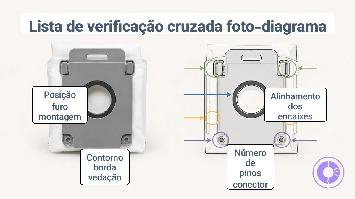 Comparação lado a lado de foto da peça de reposição com diagrama mostrando pontos de verificação de trava, conector e borda de vedação