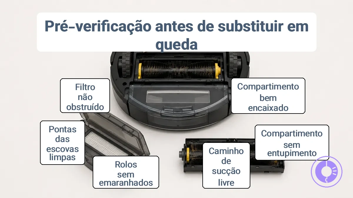 Diagrama anotado mostrando um compartimento corretamente encaixado, um ponto de obstrução visível no caminho de sucção e uma área de rolos com embaraçamento de escovas, com rótulos simples para cada ponto de verificação.
