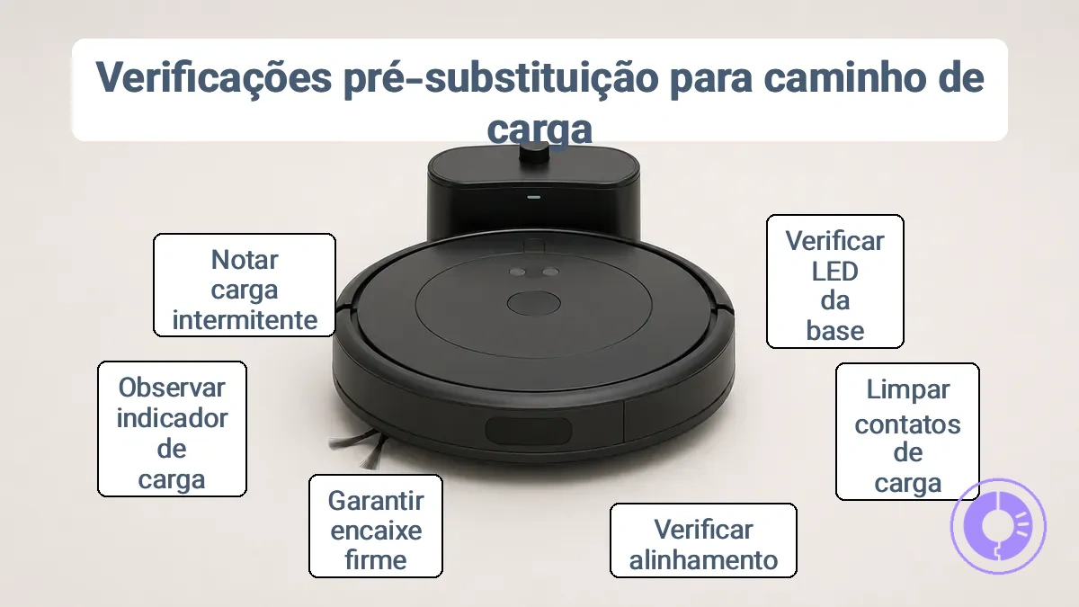 Roomba corretamente encaixado na Home Base com os contatos de carregamento alinhados.