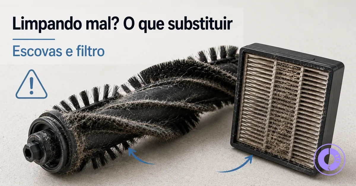 Escovas e filtros do Roomba desgastados mostrando peças a substituir para melhorar a limpeza