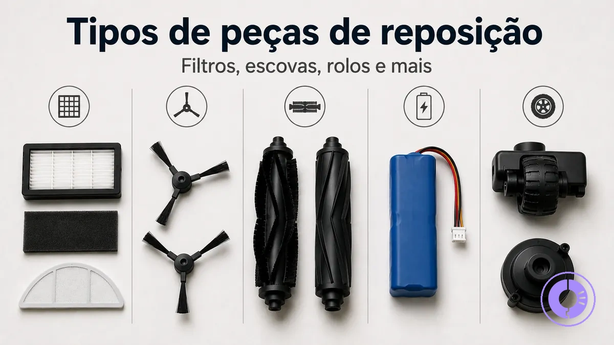 Diferentes tipos de peças de reposição do Roomba exibidos para mostrar categorias