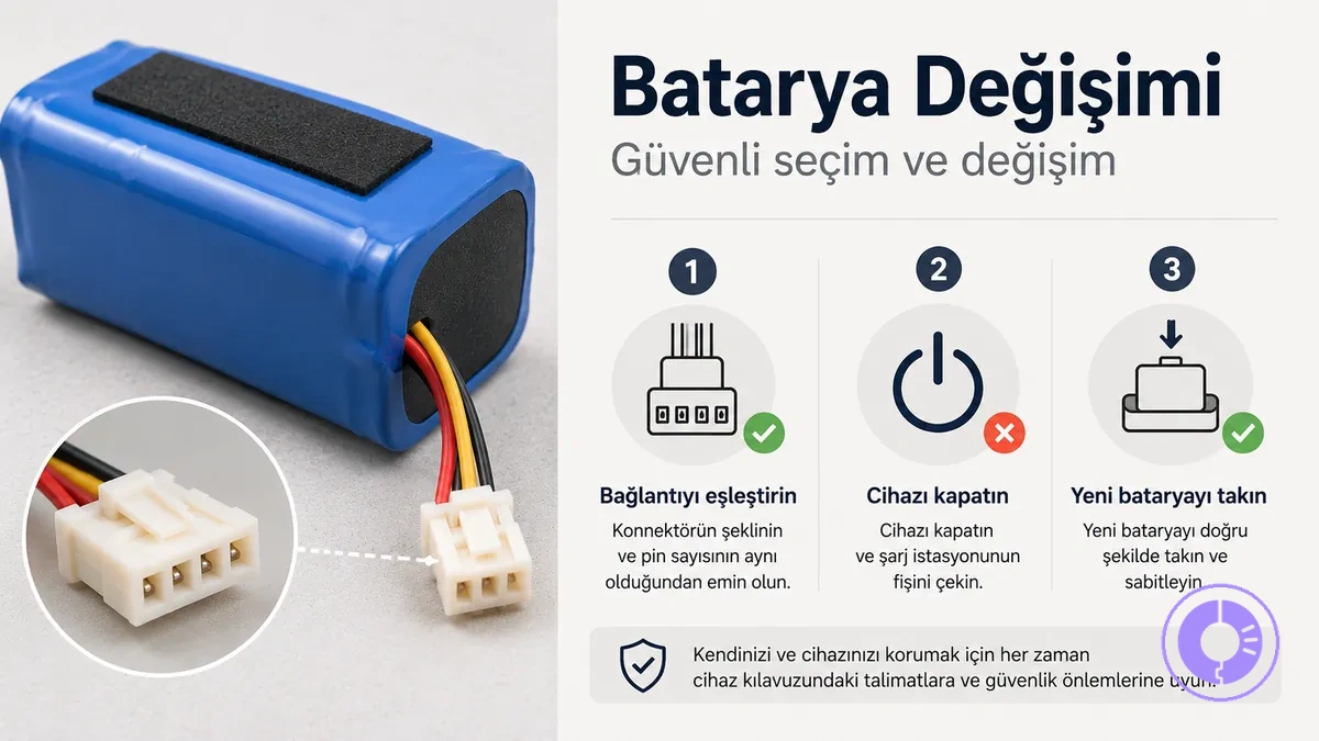 Roomba yedek batarya paketi; güvenli eşleştirme ve kurulum için konektör detayıyla gösterilmiş