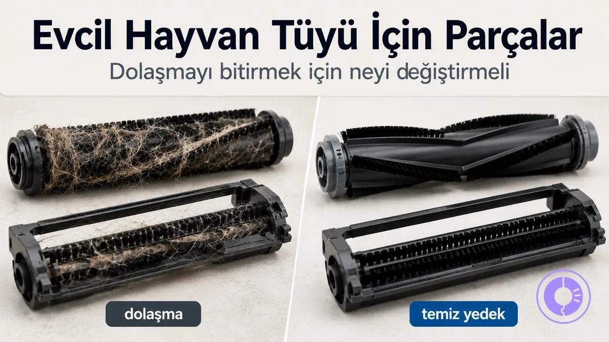 Roomba fırça ve silindir yedek parçaları; dolaşma sorununu göstermek için tüy birikimiyle birlikte