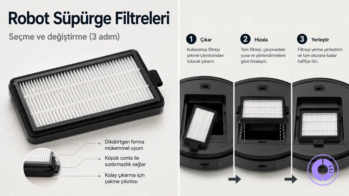 Roomba yedek filtresi; çıkarma ve takma adımlarıyla birlikte, şekline göre gösterilmiş
