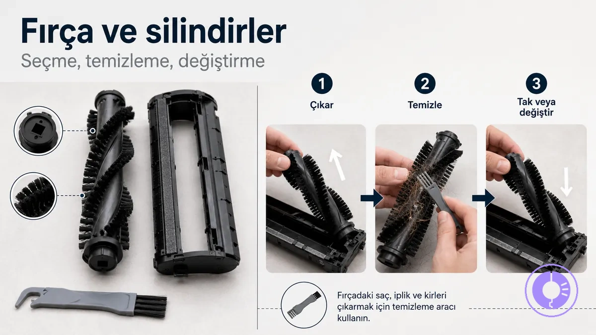 Roomba silindir fırçası ve fırça ünitesi; temizleme ve değiştirme adımlarıyla gösterilmiş