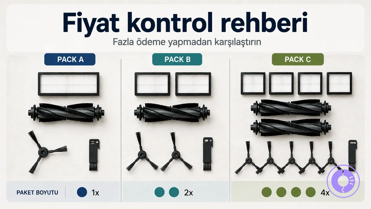 Roomba yedek parça paketleri; paket boyutu ve içerik gösteren karşılaştırma görünümü