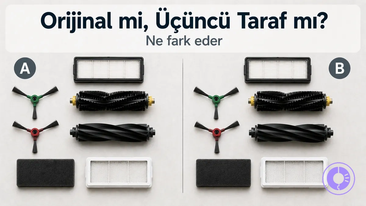 Orijinal ve üçüncü taraf Roomba yedek parçalarını yan yana gösteren karşılaştırma