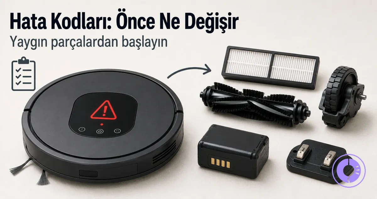 Roomba hata ekranı; hata kodlarını gidermede sık değişen parçalarla birlikte gösterilmiş