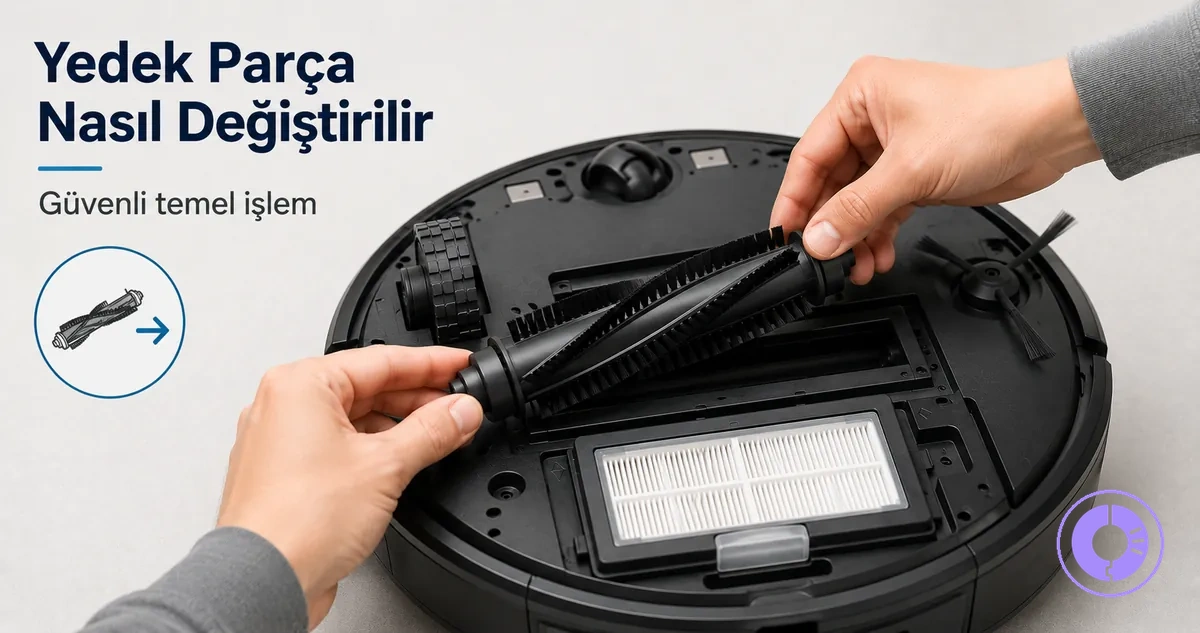 Temel bakım sırasında Roomba yedek parçalarını değiştiren eller