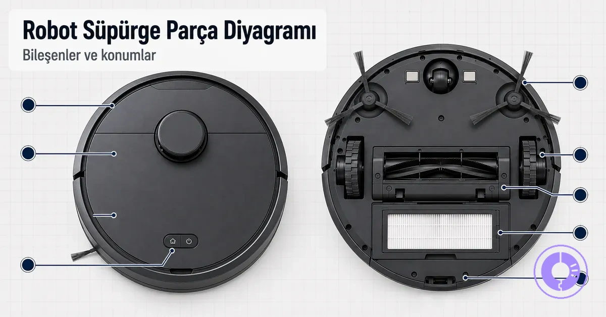 Yaygın Roomba bileşenlerini ve yerlerini gösteren yedek parça diyagramı