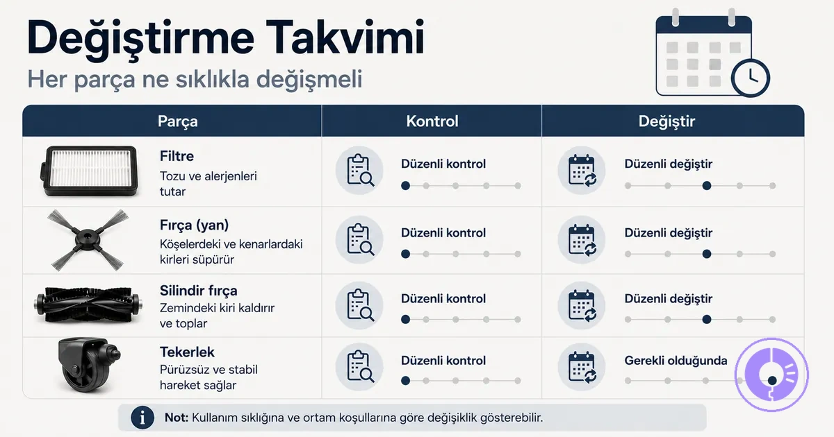 Filtre ve fırça gibi yaygın Roomba yedek parçaları için değiştirme takvimi tablosu