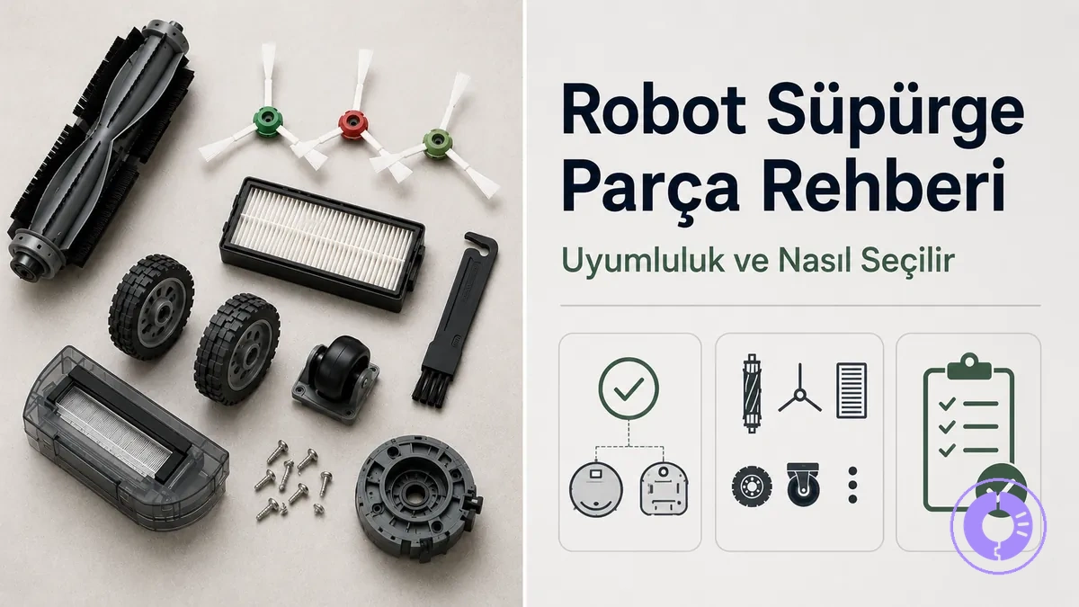 Tanıma ve seçim için bir arada gösterilen çeşitli Roomba yedek parçaları