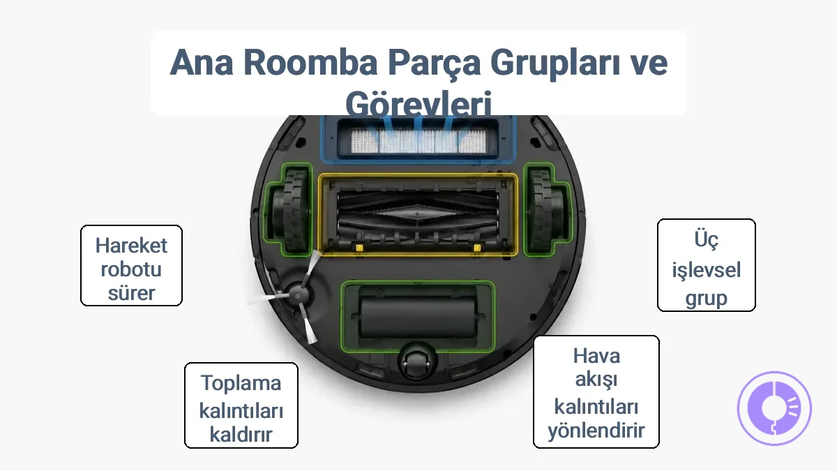 Hava akışı, toplama ve hareket gücüne göre gruplandırılmış Roomba parçaları