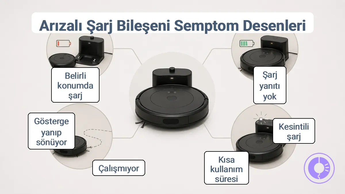Roomba şarj belirtilerini olası arızalı şarj bileşenlerine eşleyen diyagram.