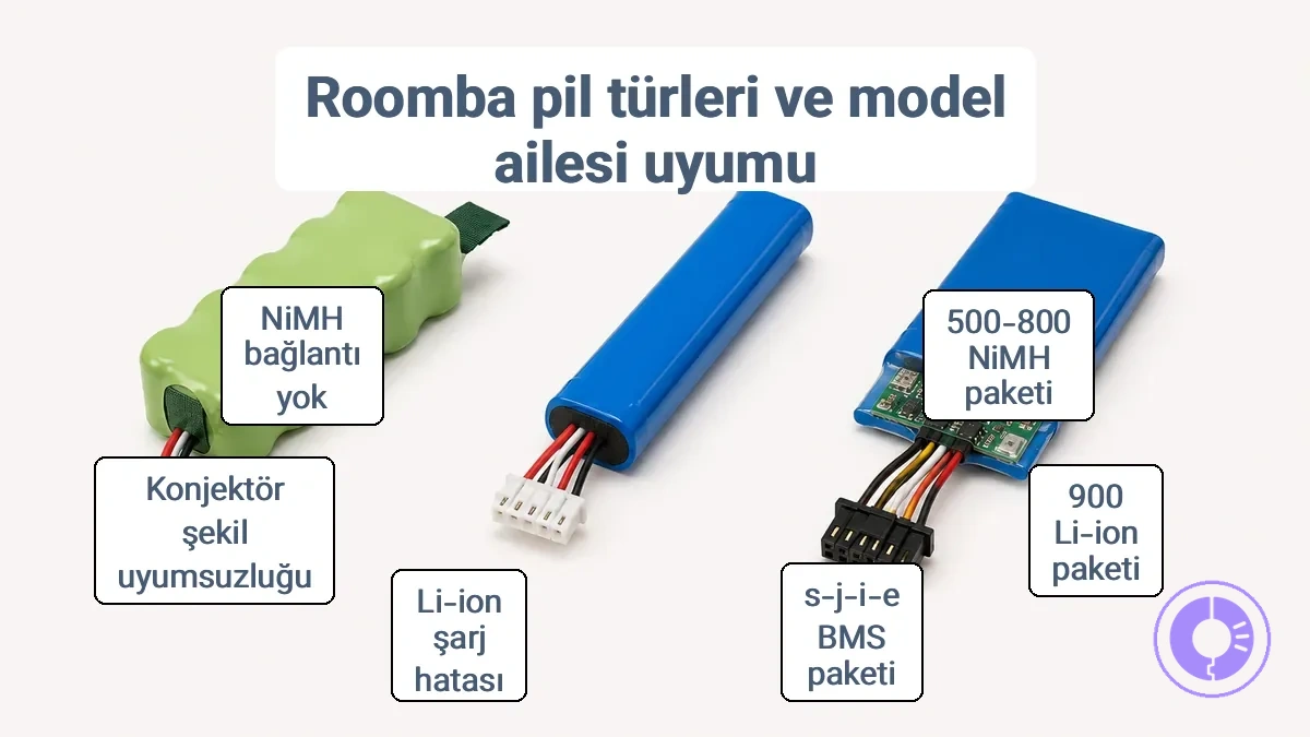 Roomba batarya paketi konnektörü ve uyum ipuçlarını gösteren bölme