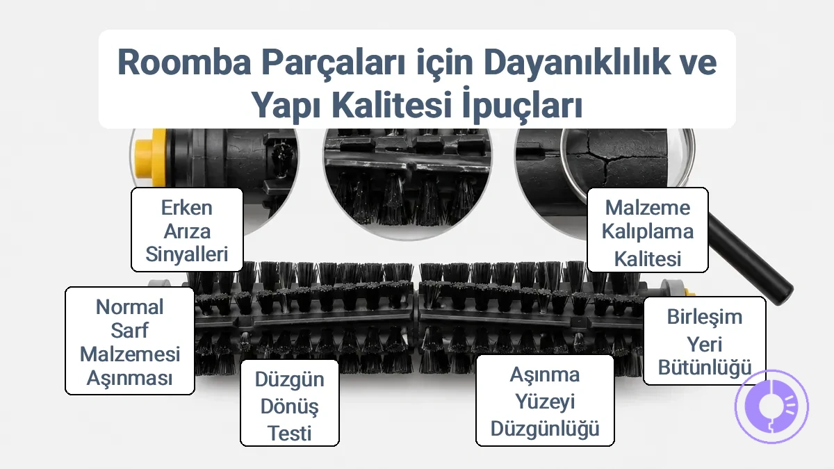 Kalıplama tutarlılığını, dikiş bütünlüğünü ve Roomba yedek parça dayanıklılığı için aşınma yüzeyi ipuçlarını gösteren açıklamalı yakın çekim.