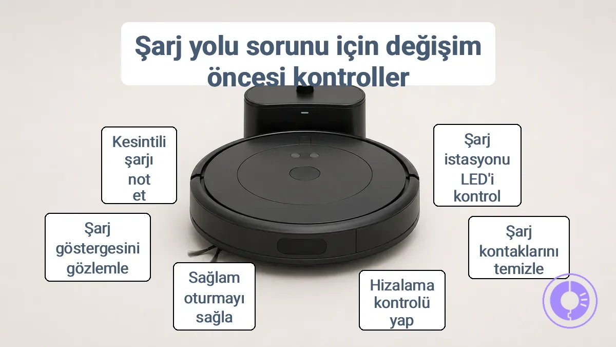 Roomba, şarj temas noktaları hizalanmış şekilde Home Base üzerinde doğru konumlanmış.