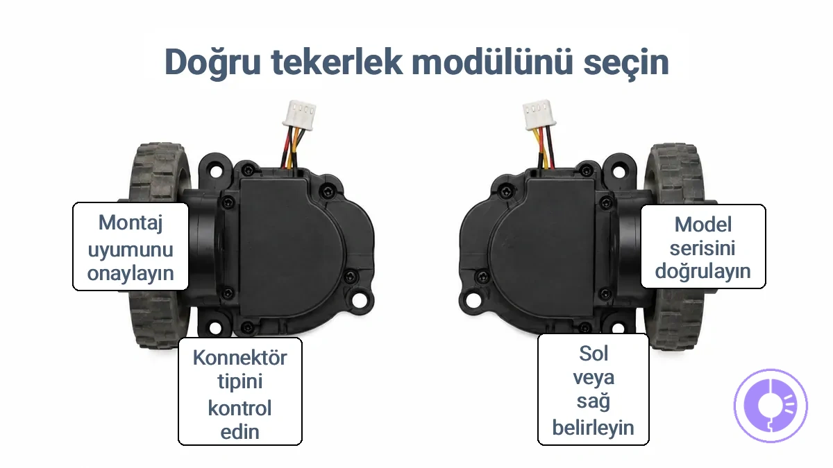 Roomba robotları için sol ve sağ tekerlek modülü yönü ve konnektör yerleşimi.