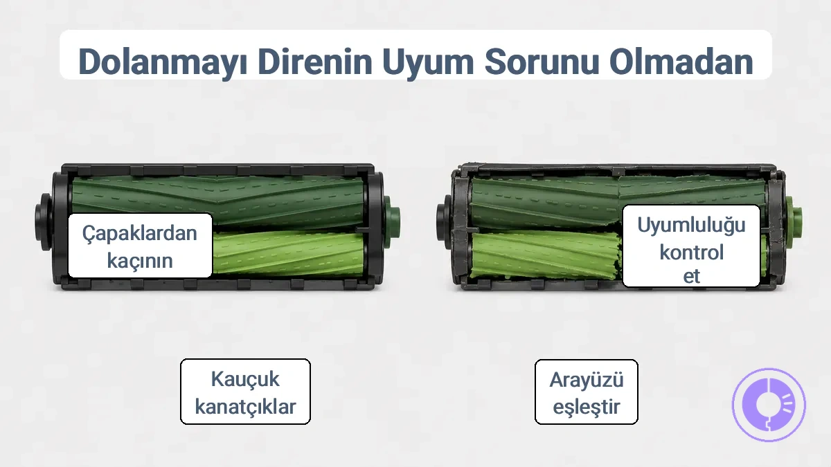 Dolaşma önleyici yedek parçalar için doğru ve yanlış parça şekli ile uyum ipuçlarını karşılaştıran illüstrasyon