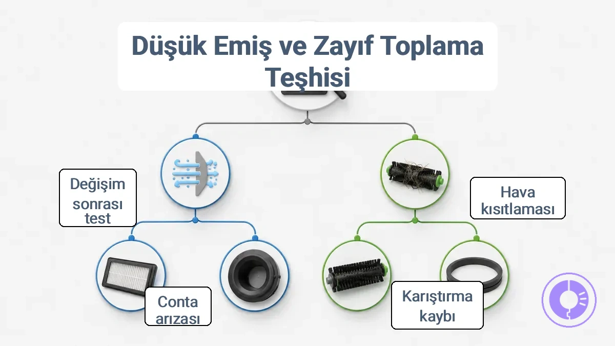 Düşük emiş ve zayıf toplama belirtilerinin hava akışı veya hareket özelliklerine ayrıldığını ve önce kontrol et ipucuyla filtre, silindir veya conta parça ailelerine yönlendirdiğini gösteren teşhis akış şeması.