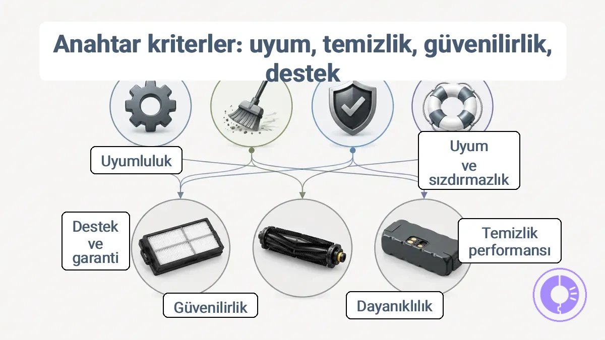 Uyum, temizleme performansı, dayanıklılık, güvenilirlik ve desteği filtre, fırça/silindir ve pil kategorilerine bağlayan diyagram
