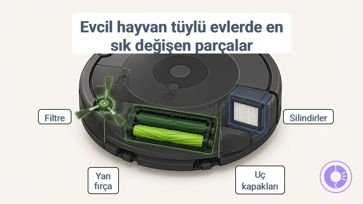 Evcil hayvan tüyü bakımı için Roomba silindirleri, yan fırçası ve filtre konumlarını gösteren etiketli diyagram
