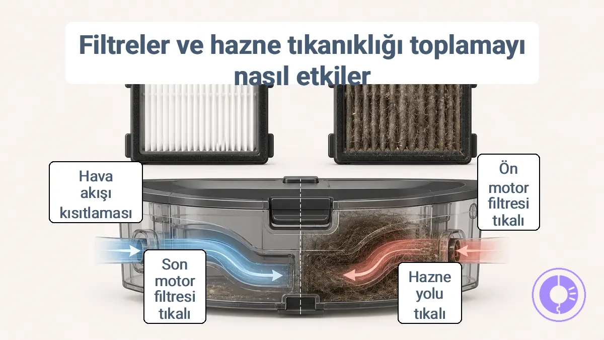 Hava akışı kısıtlamasını gösteren temiz ve tıkalı süpürge filtresi karşılaştırması