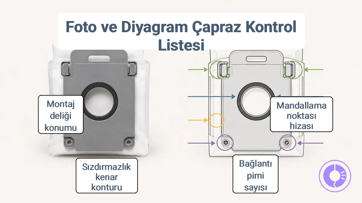 Yedek parça fotoğrafı ile mandal, konnektör ve conta kenarı kontrol noktalarını gösteren diyagramın yan yana karşılaştırması