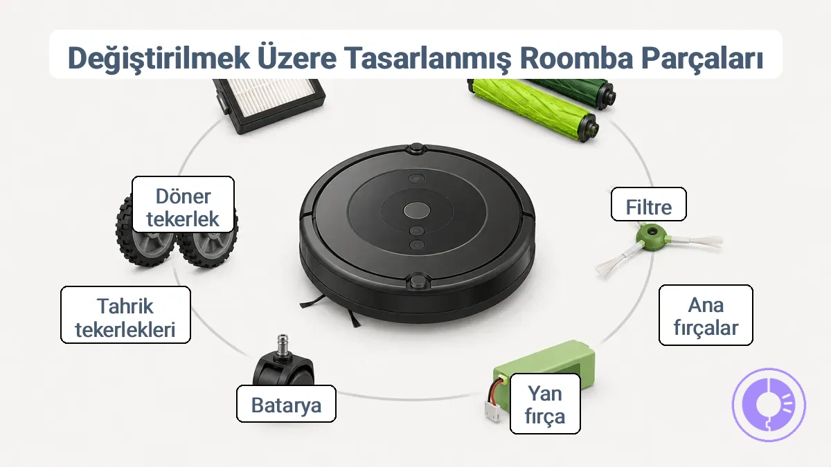 Filtre, fırçalar, yan fırça, tekerlekler ve pil dahil olmak üzere yaygın Roomba yedek parçalarını her bir konum için etiketlerle gösteren diyagram