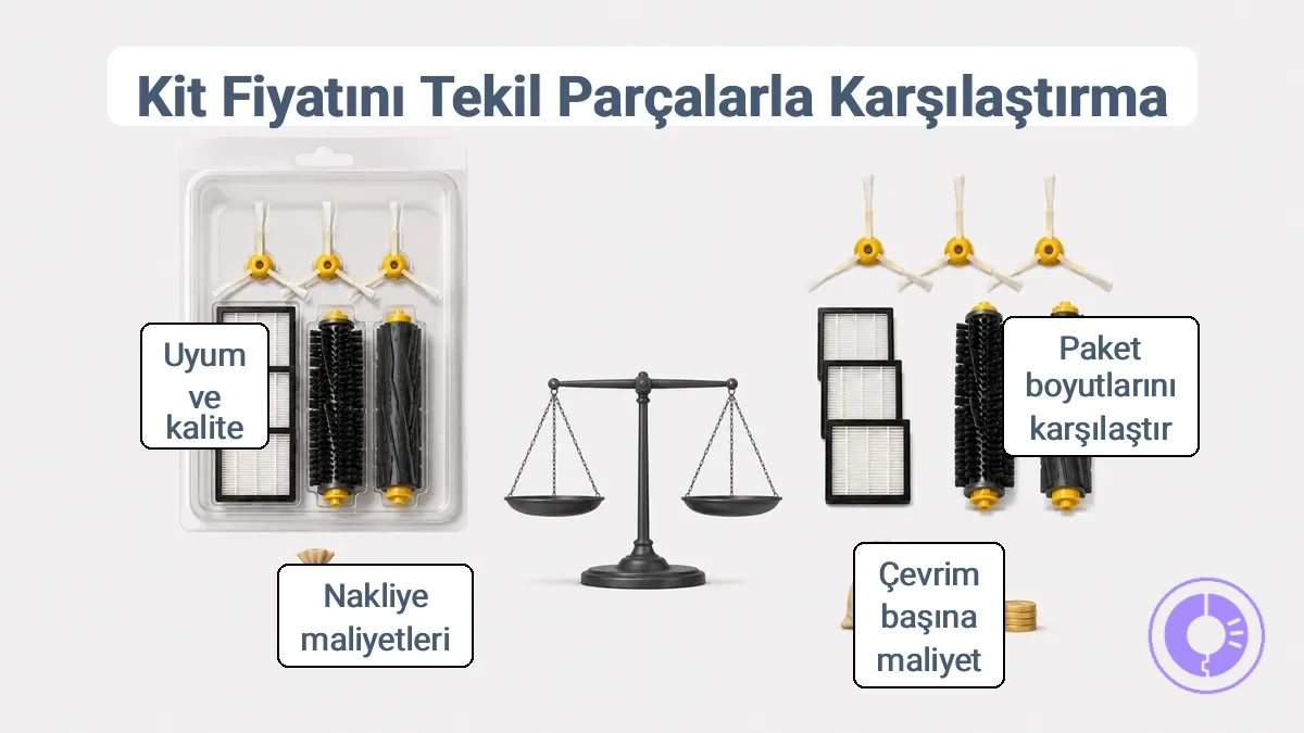 Bir Roomba parça kiti fiyatını, paket boyutu ve değiştirme döngüsü başına maliyeti kullanarak tek parçalarla karşılaştırmayı gösteren diyagram.