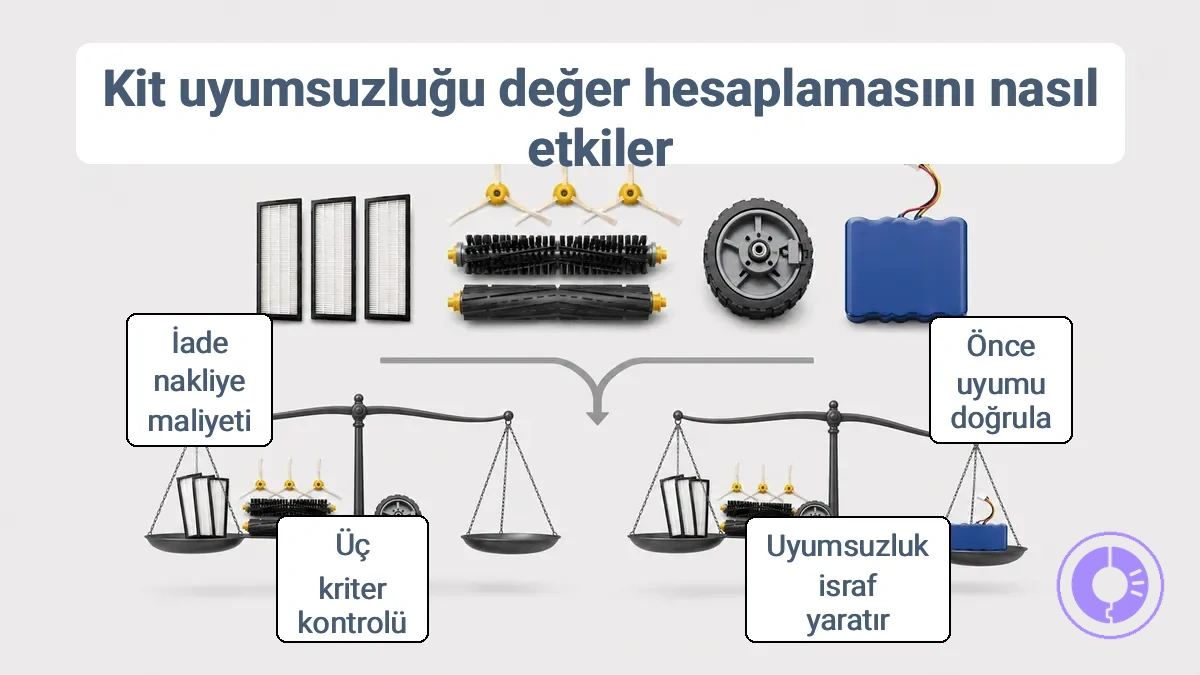 Parça sürümü modele uymadığında Roomba parça kiti uyumluluk riskinin tasarrufu nasıl israfa dönüştürebileceğini gösteren diyagram.