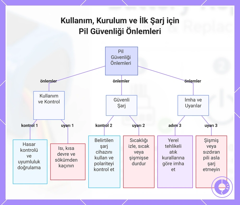 Kullanım, Kurulum ve İlk Şarj için Pil Güvenliği Önlemleri