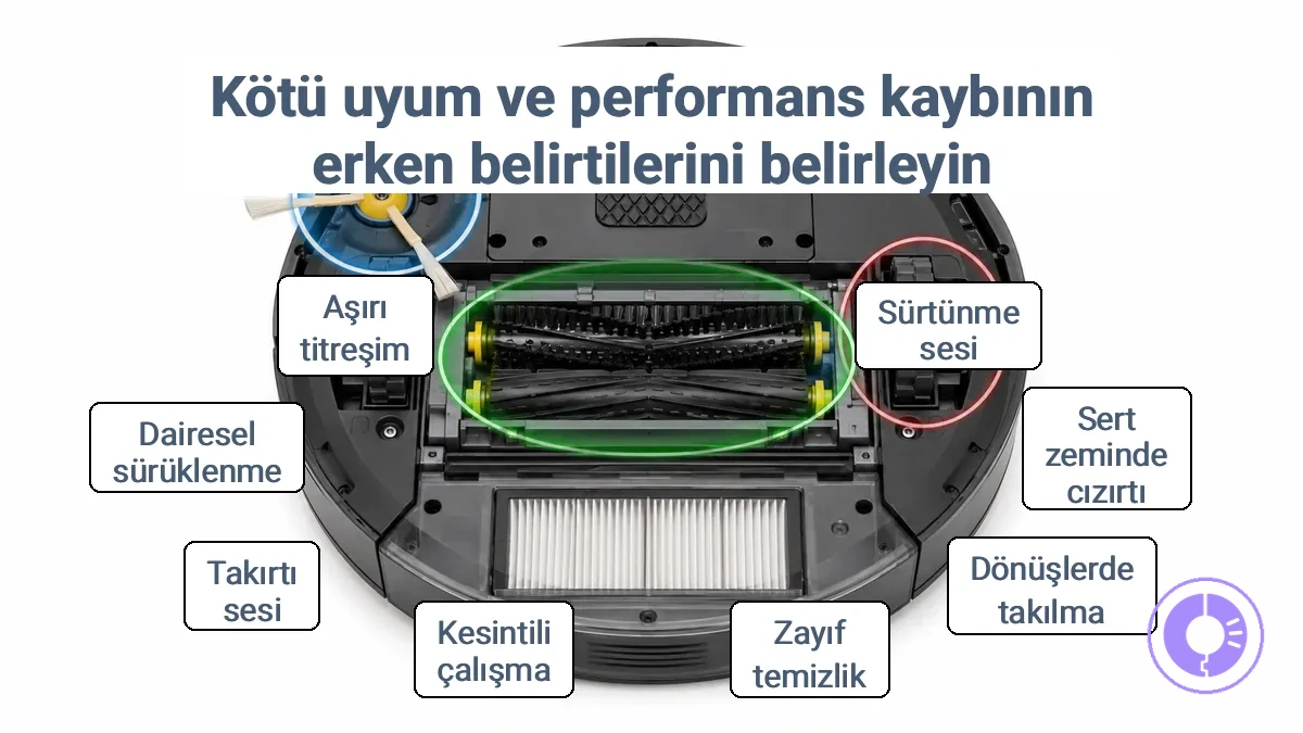 Kurulum sonrası erken belirtilerin uyum veya boşluk sorunlarını gösterdiği yerleri açıklayan Roomba görseli.