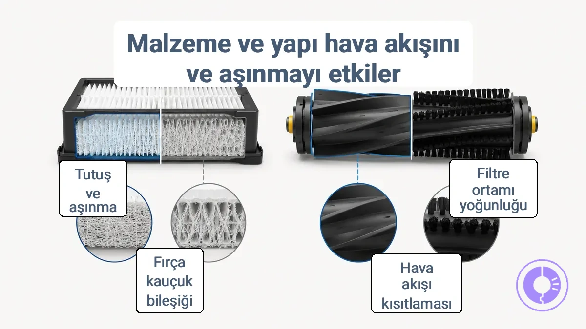 Roomba'da hava akışını ve fırça temasını etkileyen filtre ortamı yoğunluğu ile fırça silindiri kauçuk bileşimi farklılıklarını karşılaştıran illüstrasyon.