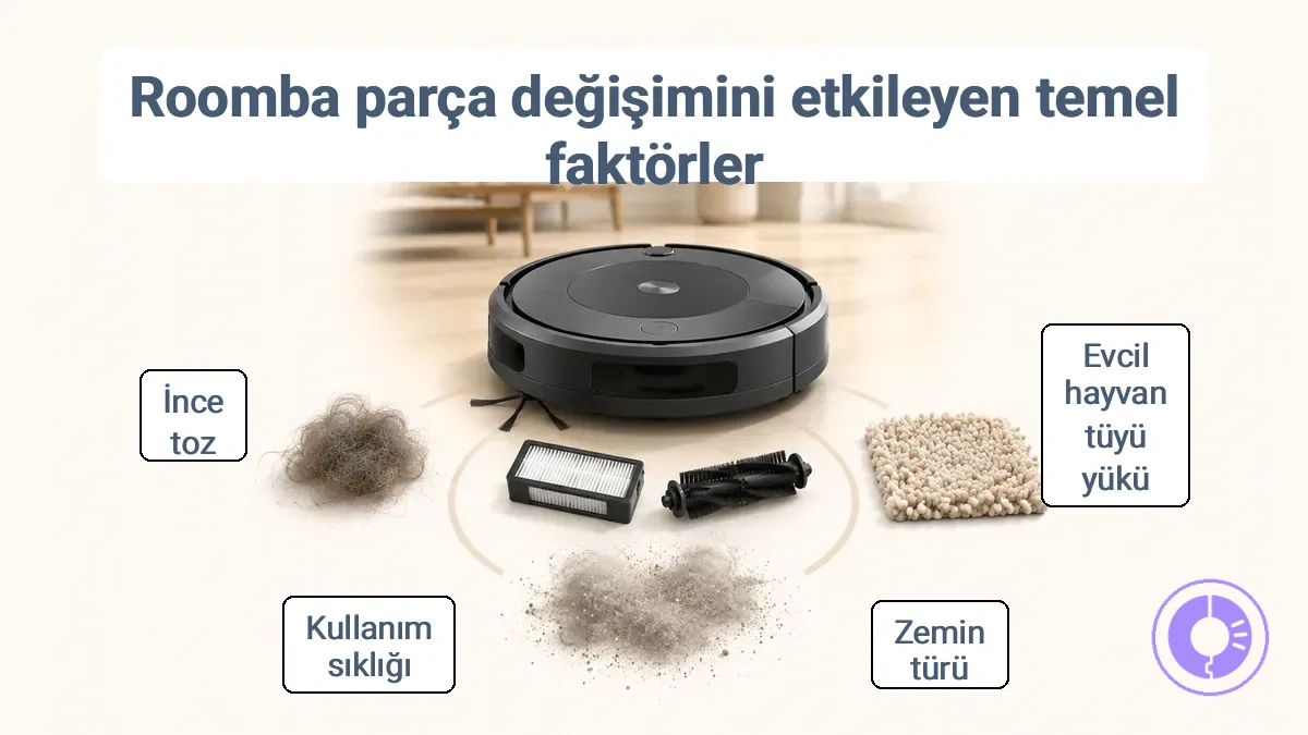 Roomba parçalarının ne sıklıkla değiştirilmesi gerektiğini değiştiren ev koşullarının karşılaştırması (evcil hayvanlar, zeminler, çalışma sıklığı).