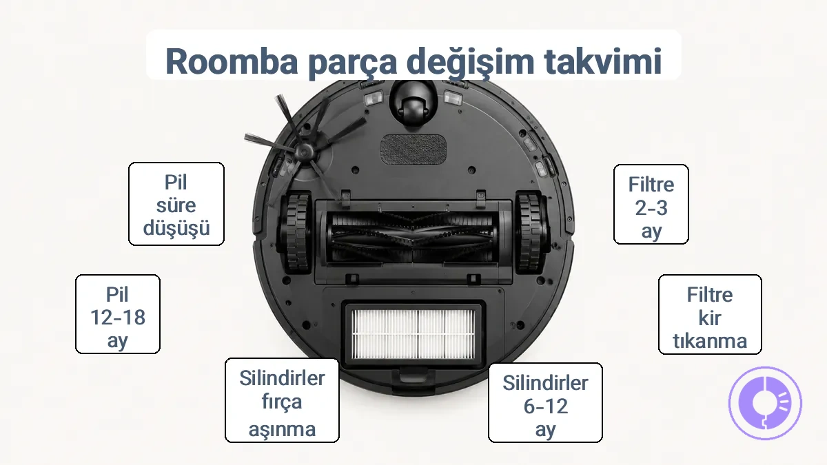 Roomba değiştirme takviminde referans alınan etiketlenmiş Roomba parçaları (filtre, silindirler, yan fırça, tekerlekler/döner tekerlek).