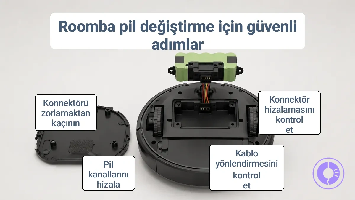 Güvenli çıkarma ve takma için görünür konnektör ve bölme hizalamasına sahip Roomba batarya paketi