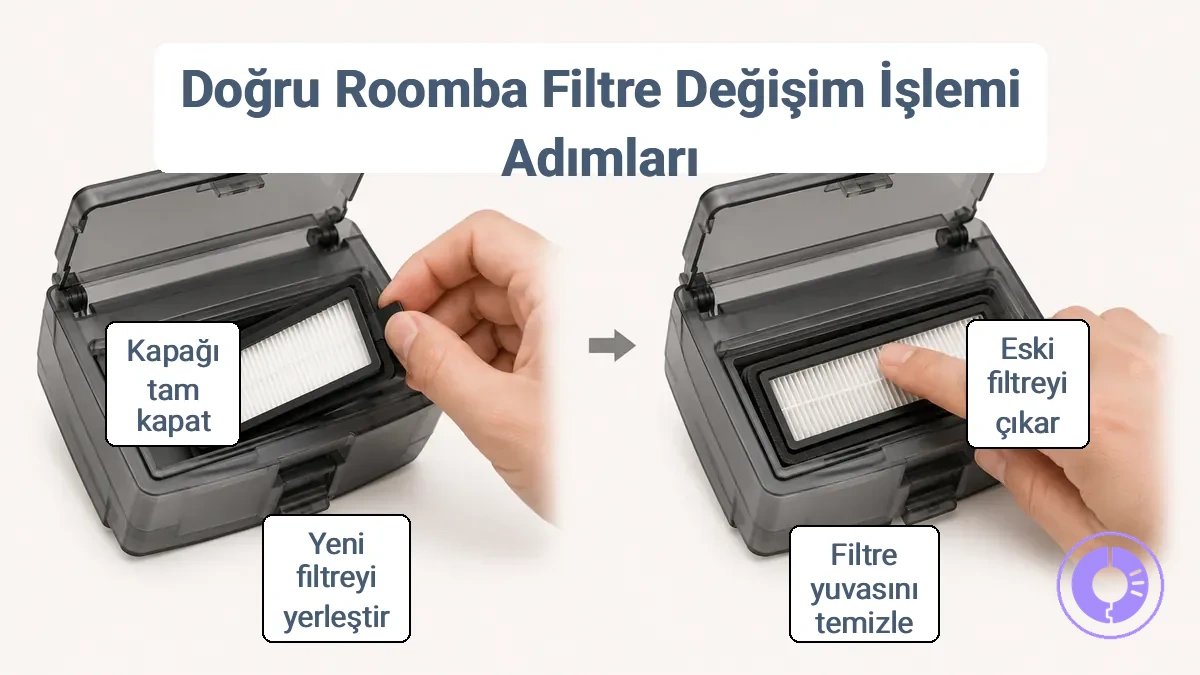Sıkı bir conta için Roomba yedek filtresinin çıkarılması ve düzgün oturtulmasının adım adım görünümü