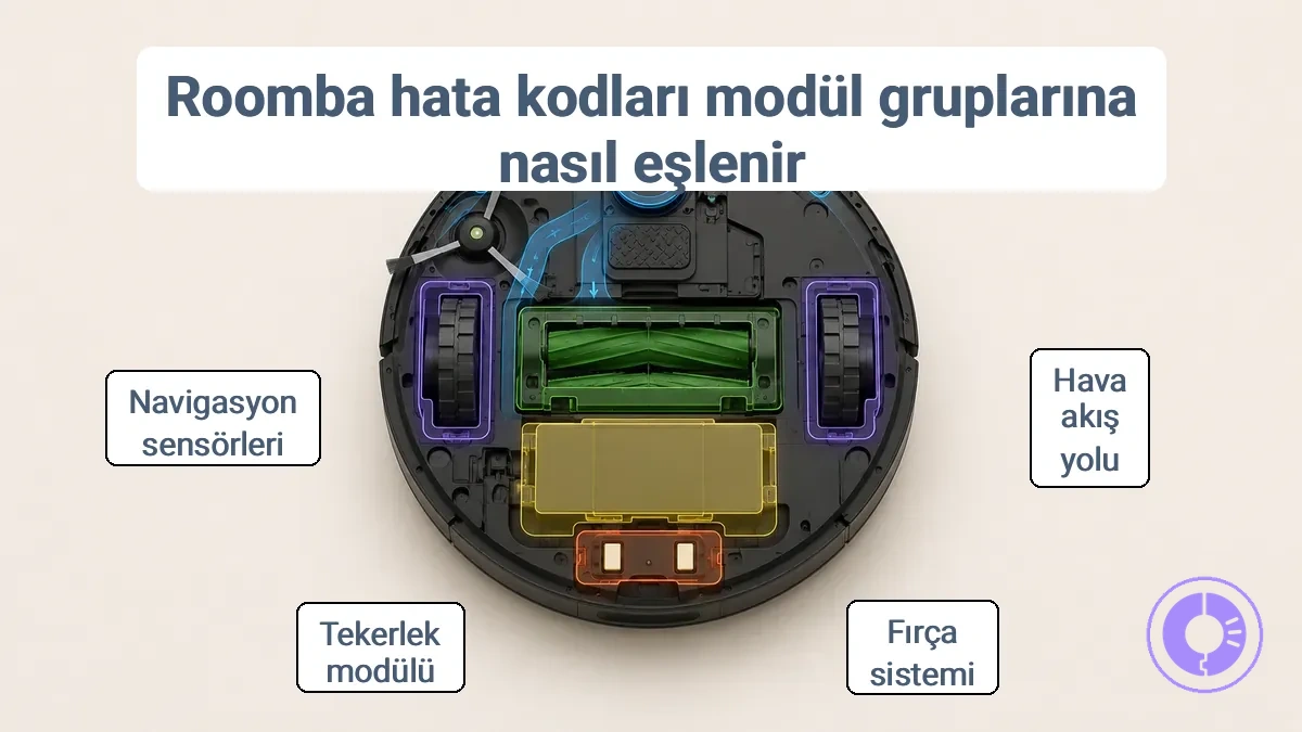 Yaygın hata sinyallerine bağlı değiştirilebilir modülleri etiketleyen açıklamalı Roomba diyagramı.