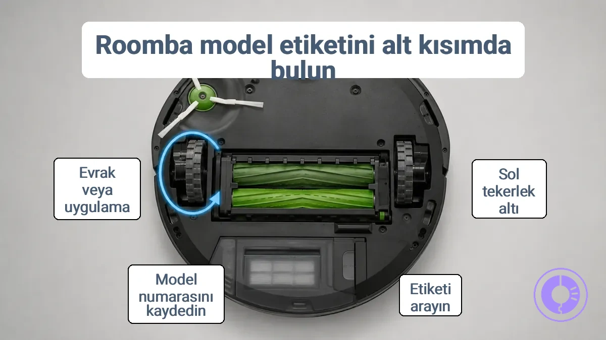 Model etiketi sol tekerleğin yakınında olan Roomba alt yüzeyi, etiket alanını gösteren işaretçi ile.