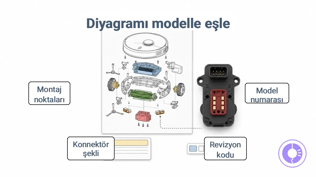 Bir parça şemasını doğru model ve revizyonla eşleştirmek için kullanılan açıklamalı Roomba etiket alanı ve konektör şekli ipuçları; revizyon üretim partisine göre değişir.